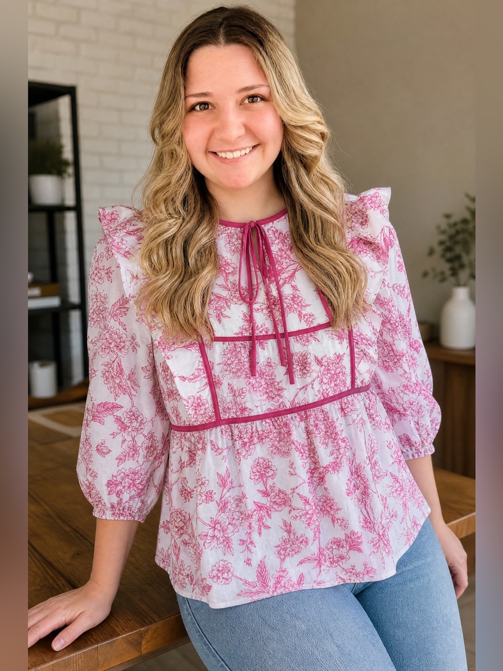 Haptics Women’s Pink Floral Tie-Neck Blouse